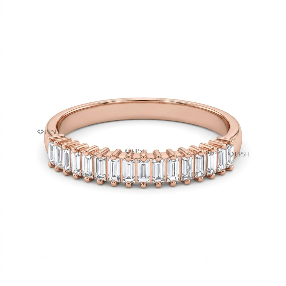 Solid rose gold half eternity wedding band set with vertical straight baguette lab grown diamonds