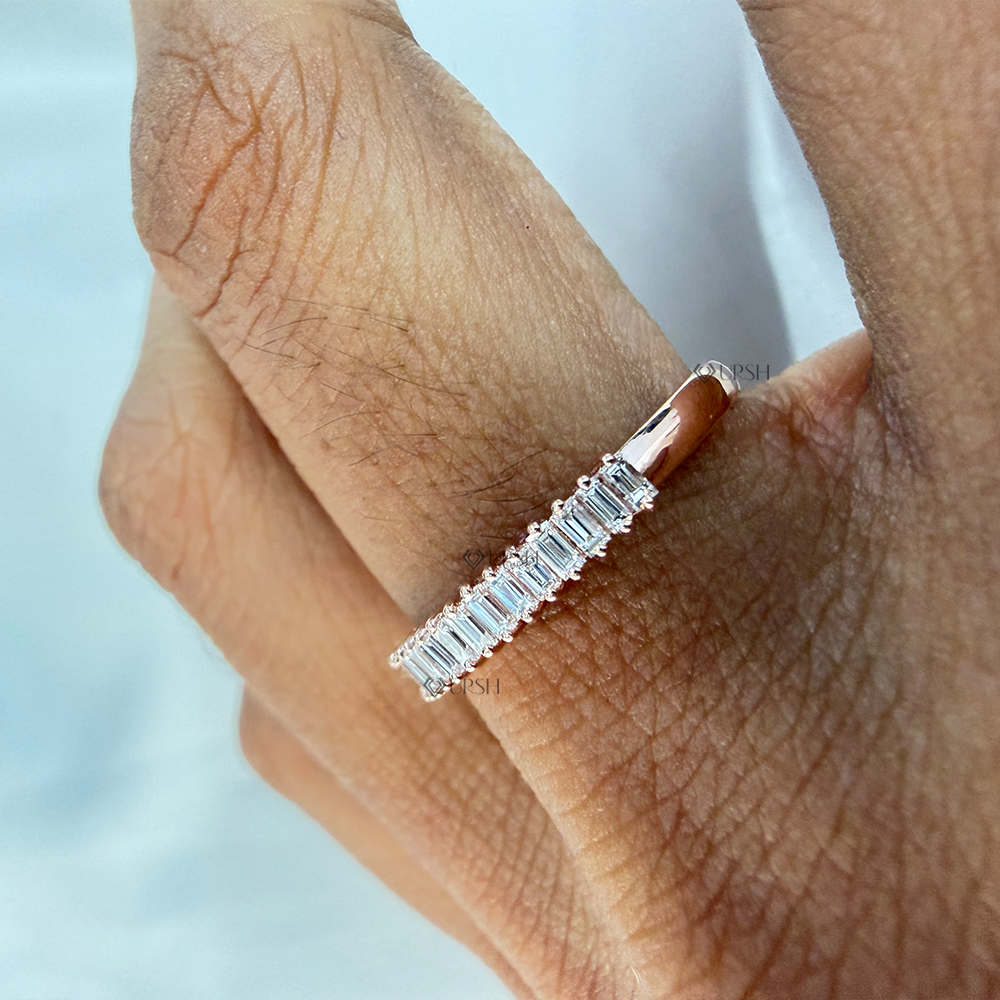 Rose gold vertical baguette diamond ring styled as a modern everyday stacking band