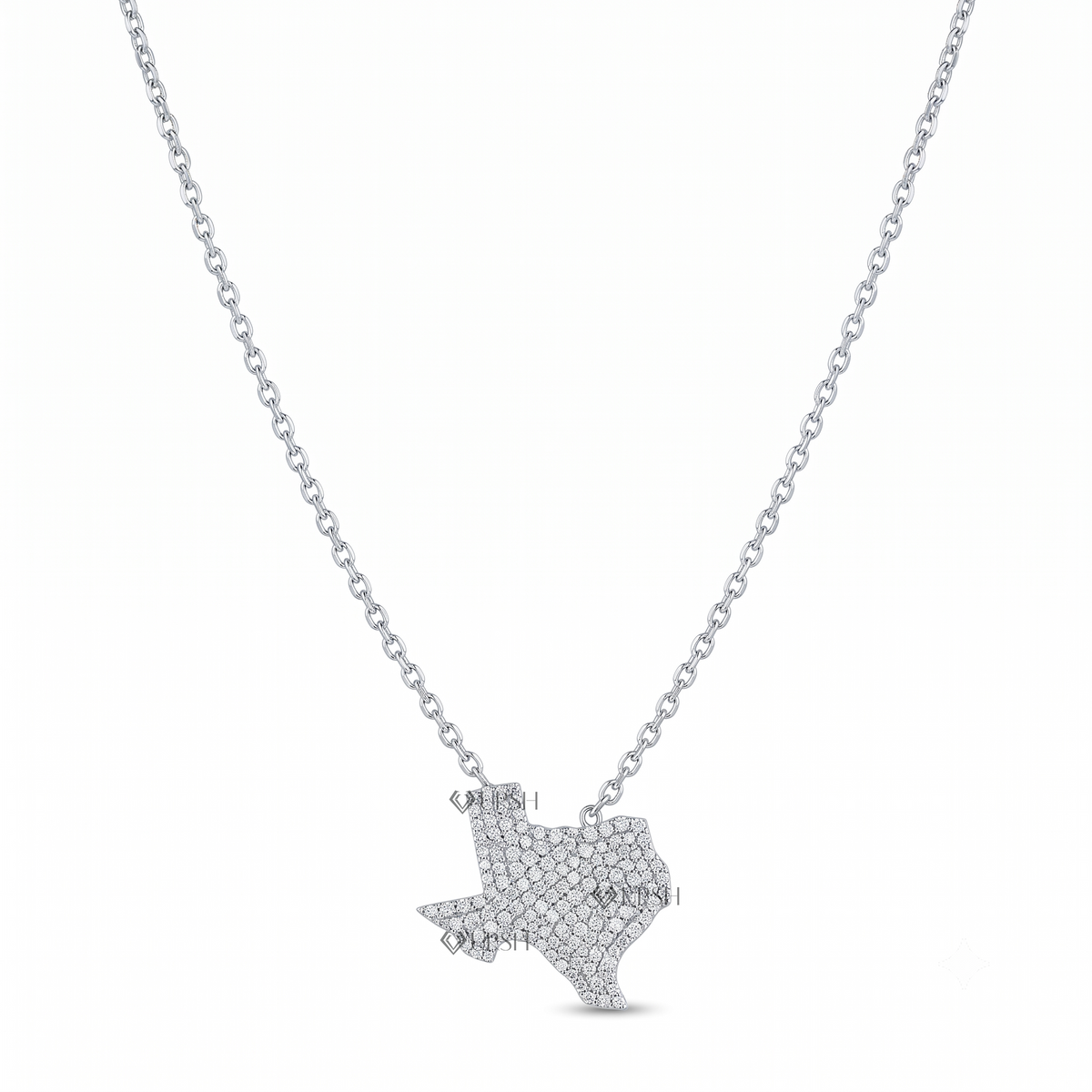 Solid white gold Texas state map pavé diamond pendant necklace displayed on clean white background