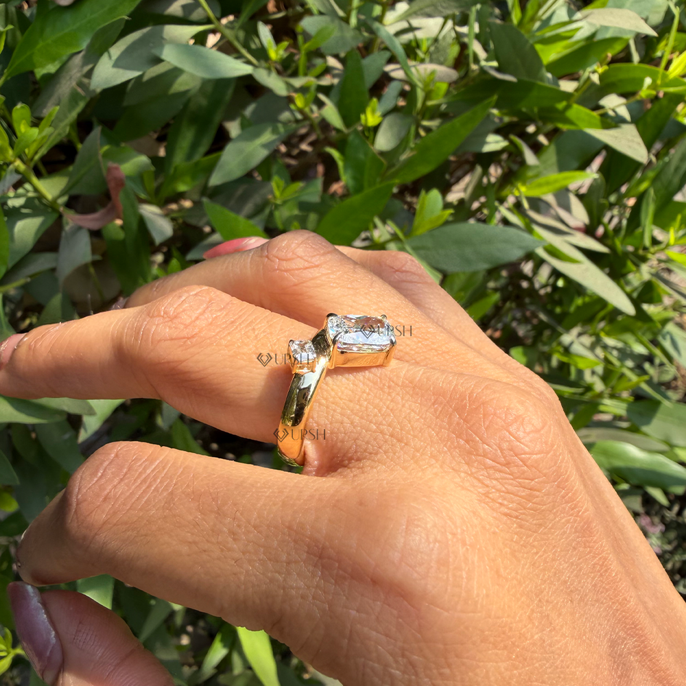 Side angle showing thick tapered solid gold shank and secure two-tone prong alignment
