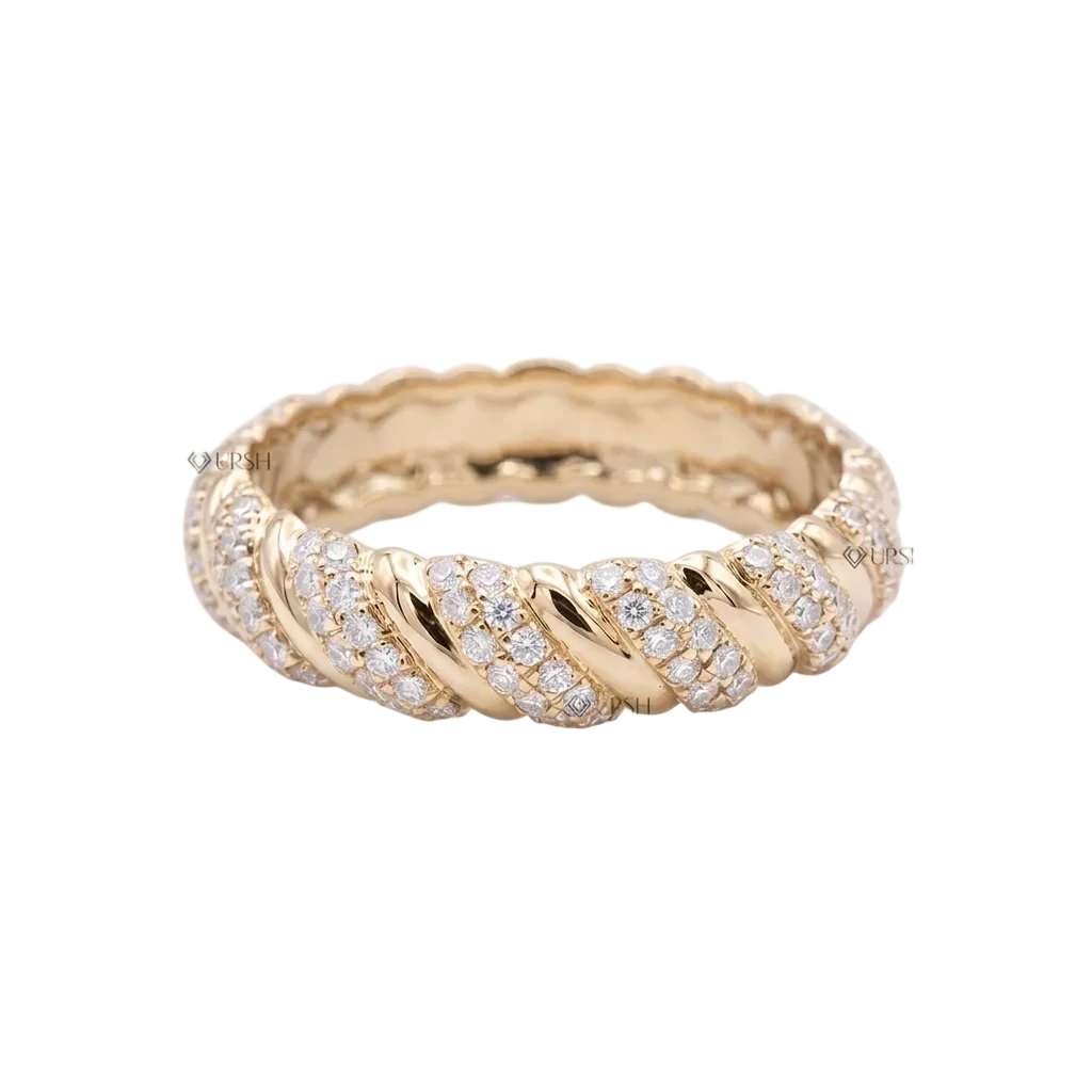 Solid yellow gold fluted ribbed diamond eternity band on plain white background
