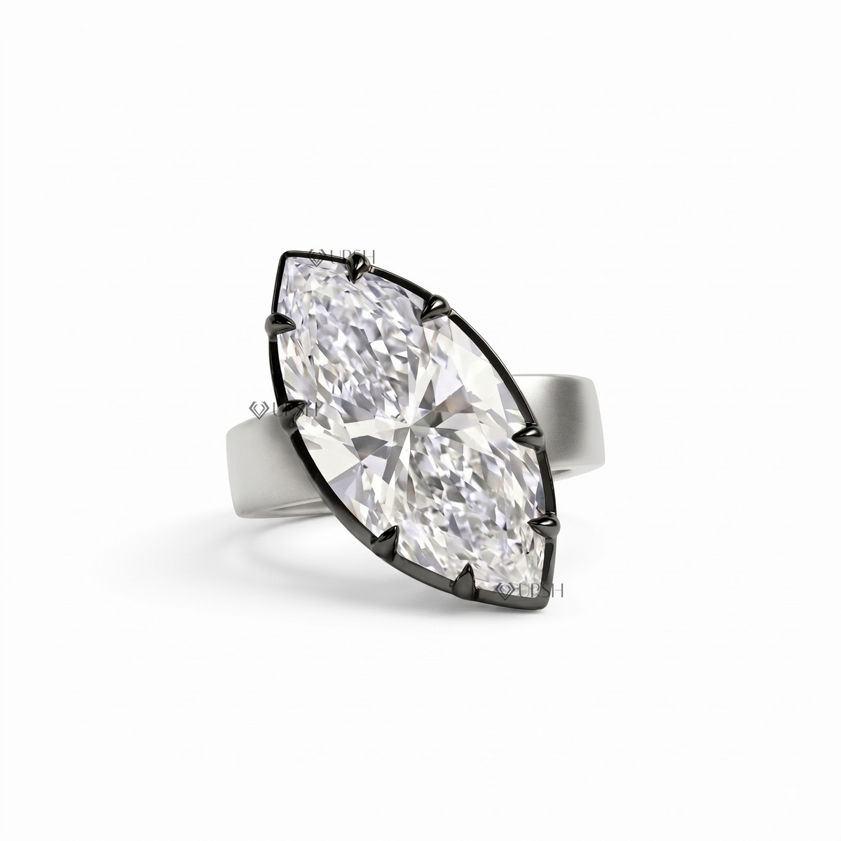 Solid white gold chunky cigar band engagement ring with vertical marquise diamond solitaire on clean white background