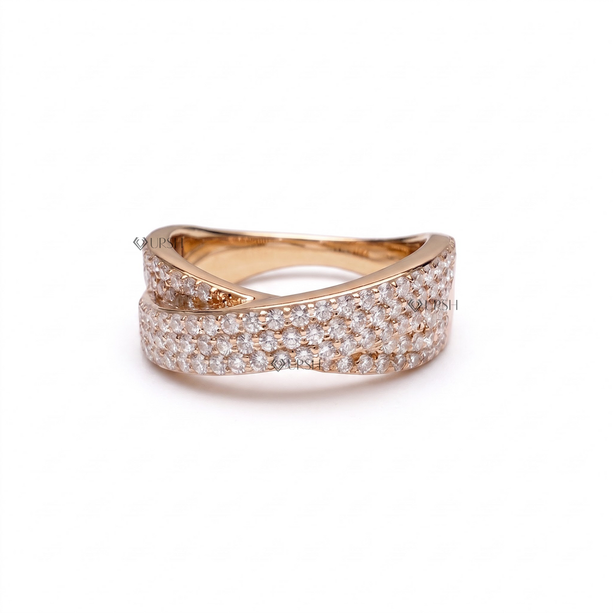 Solid yellow gold wide criss-cross multi-row pavé statement band on clean white background
