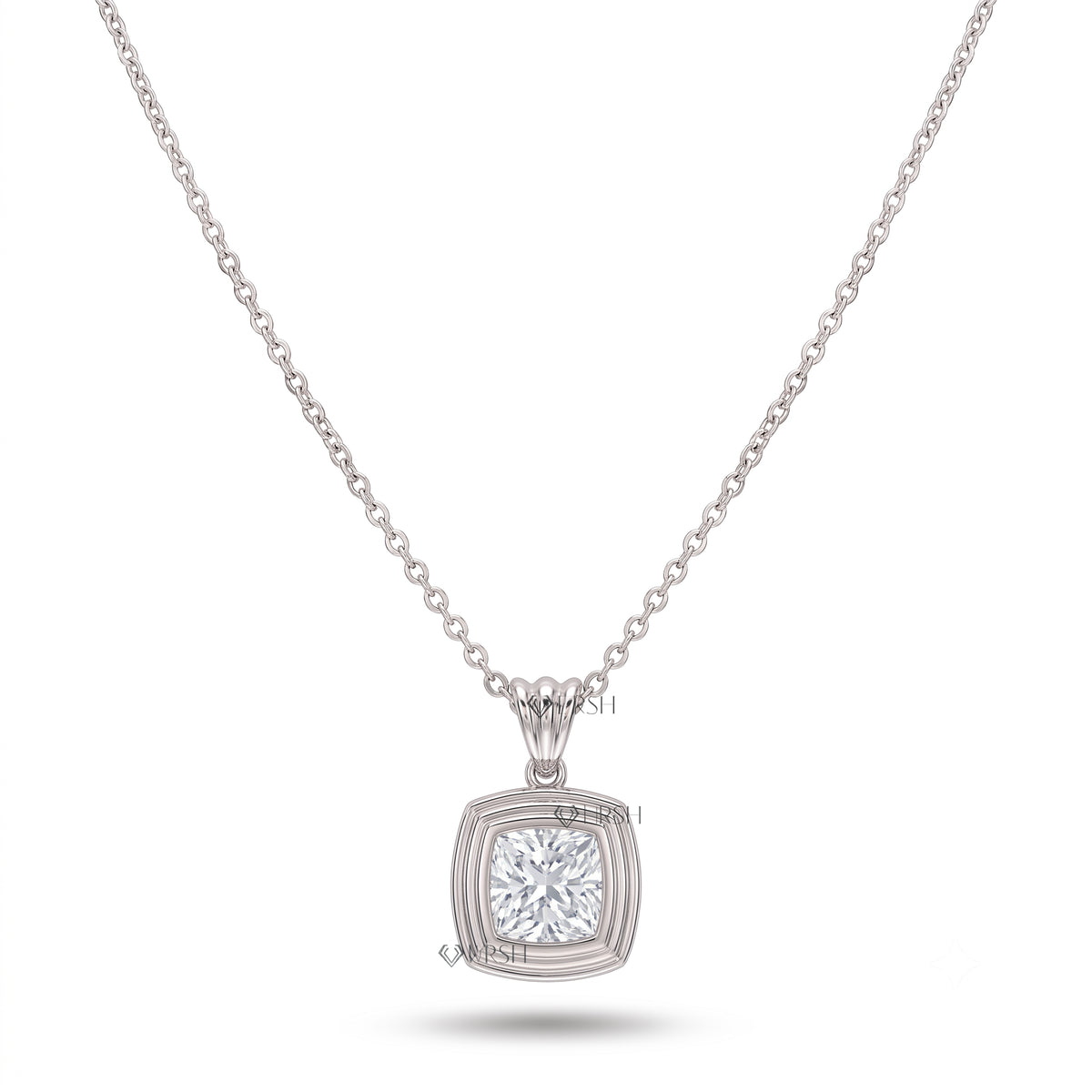 Solid white gold cushion cut bezel set solitaire pendant necklace displayed on clean white background