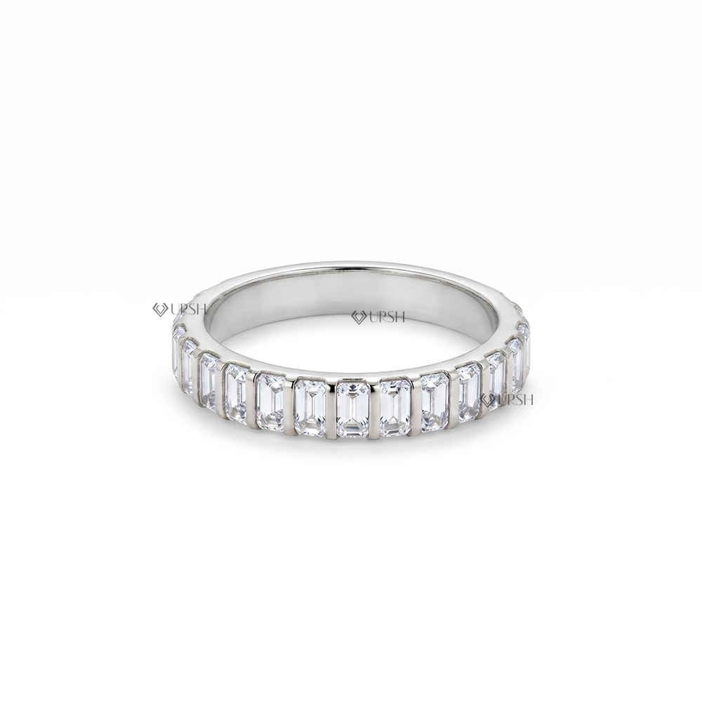 Solid white gold modern bar channel band set with step cut emerald lab diamonds