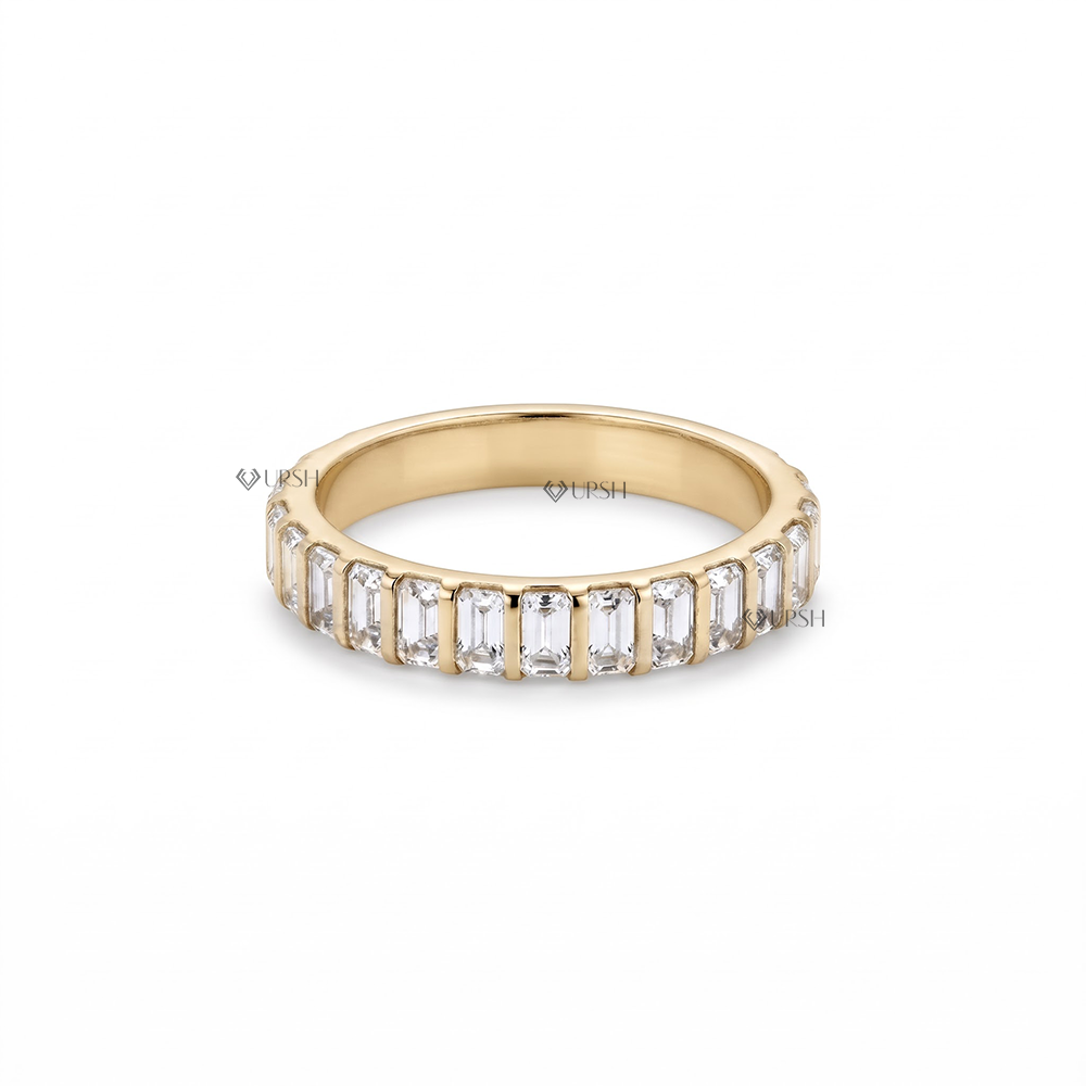 Solid yellow gold half eternity wedding band featuring vertical bar set emerald cut lab grown diamonds