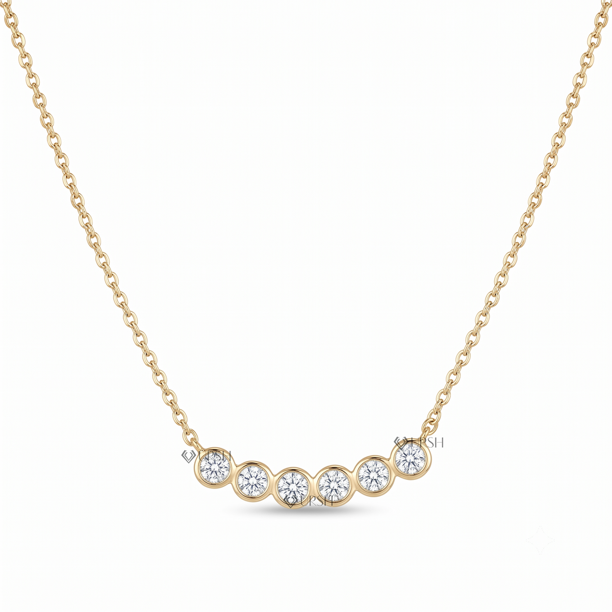 Solid yellow gold curved bezel diamond bar smile pendant necklace featuring round lab-grown diamonds set along a delicate arch