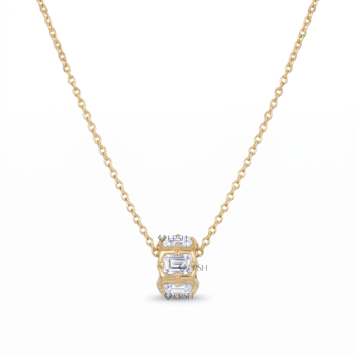 Solid yellow gold emerald cut diamond barrel bead spacer pendant necklace featuring step-cut lab-grown diamonds set around a hexagonal tube charm