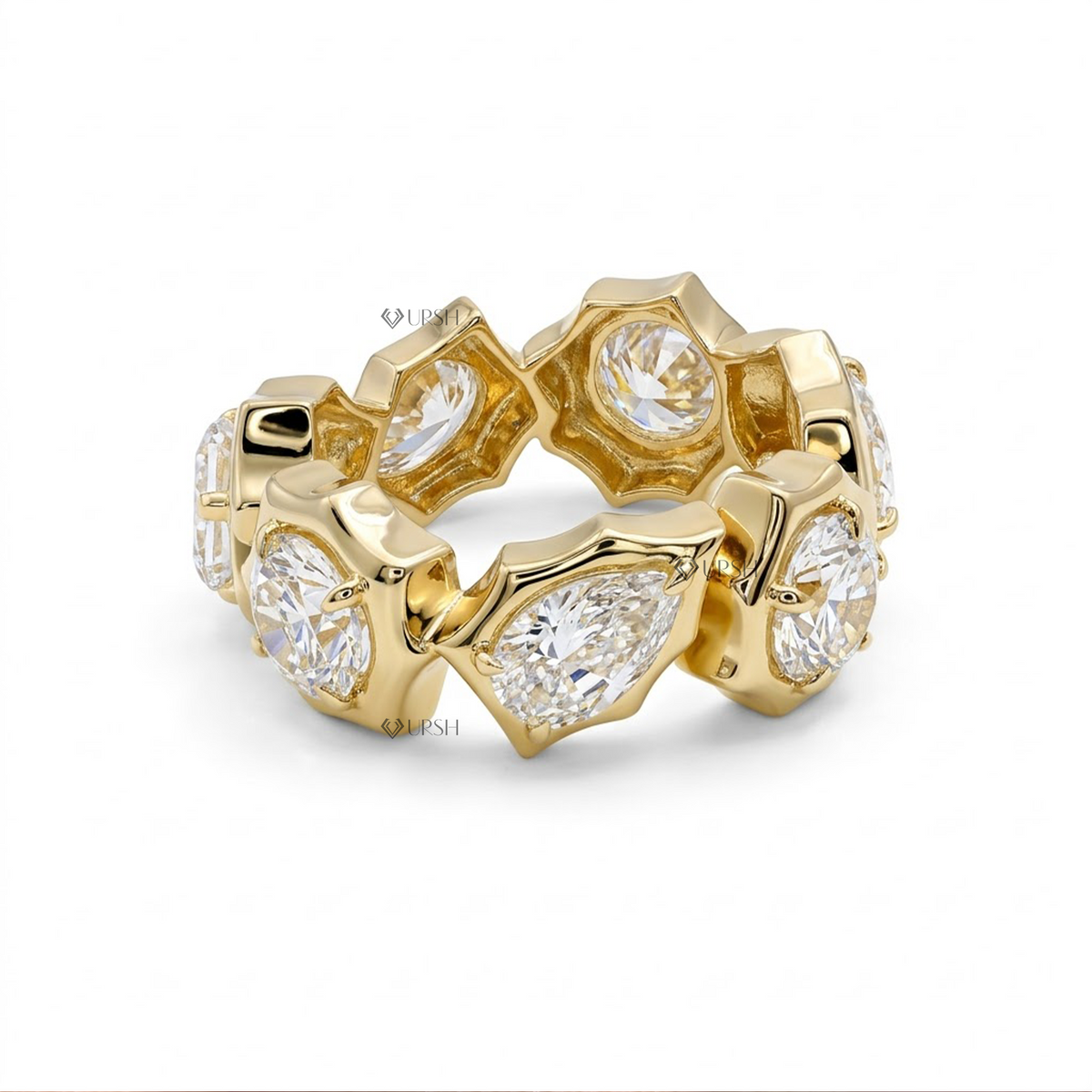 Front angle of solid yellow gold wide eternity band featuring multi-shape lab-grown diamonds in geometric bezels