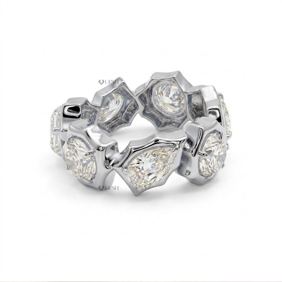 Solid white gold wide multi-shape lab diamond eternity band with Asscher, Pear, and Marquise cut