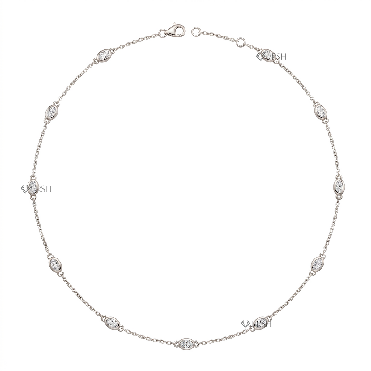 Solid white gold bezel set oval cut diamond station cable chain necklace displayed on clean white background
