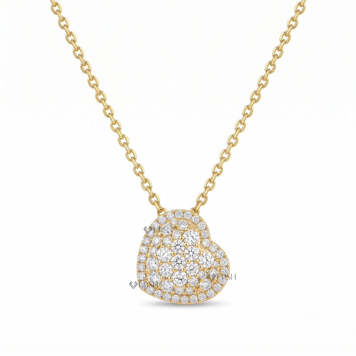 Solid yellow gold pavé diamond heart cluster pendant necklace featuring round lab-grown diamonds set in a raised heart motif with an outer halo frame