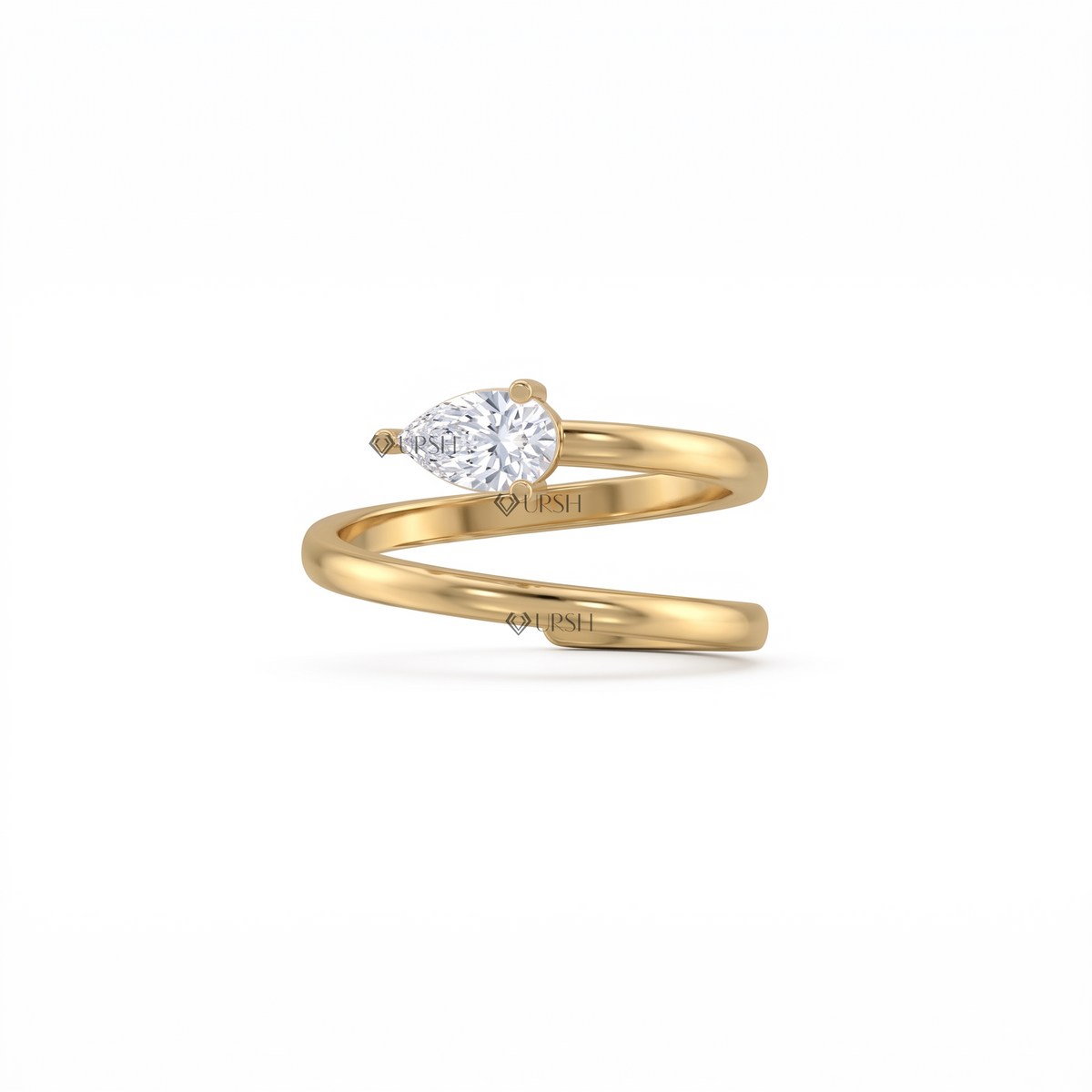 Solid yellow gold pear-cut diamond spiral bypass ring featuring a multi-coil wrap design