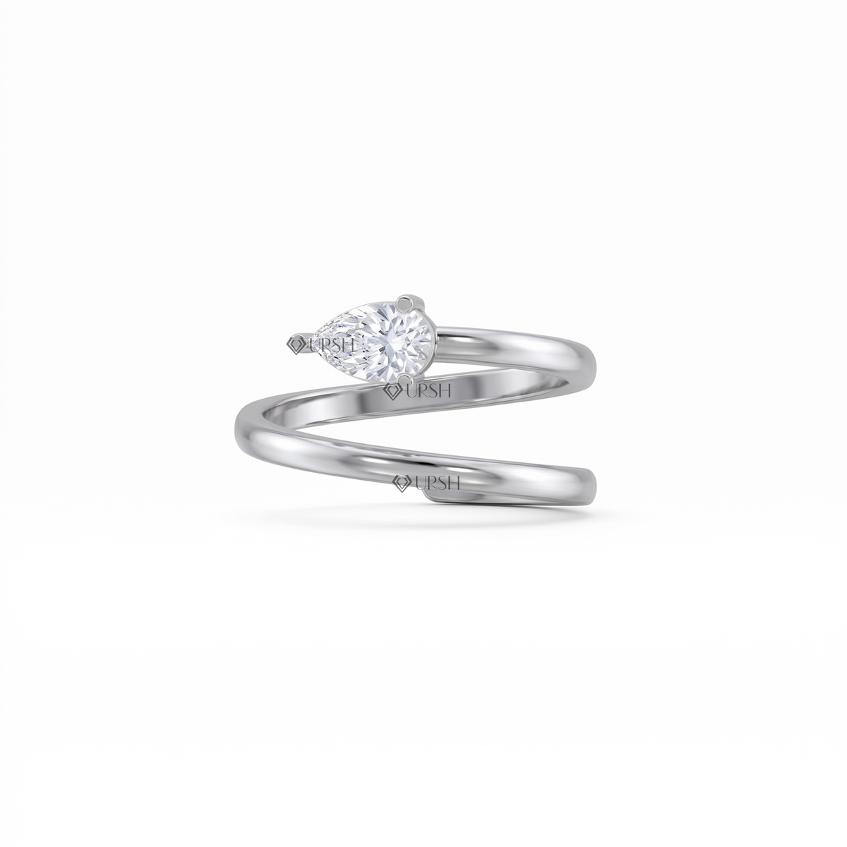 Solid white gold spiral bypass wrap ring with pear-cut diamond on clean white background