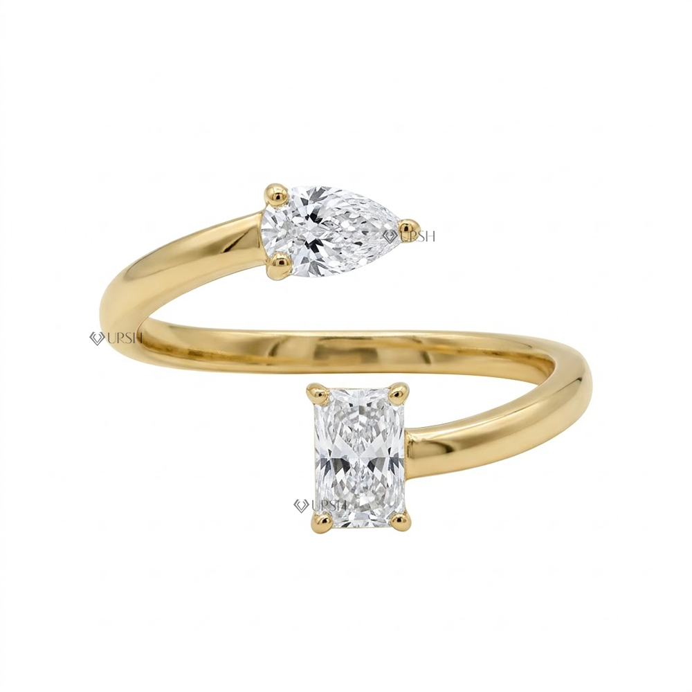 Solid yellow gold open spiral bypass ring featuring radiant and pear cut lab grown diamonds