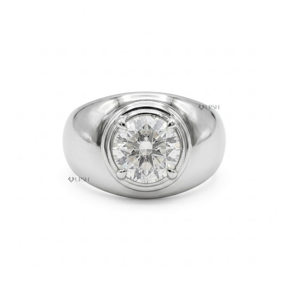 Solid white gold chunky dome statement ring featuring a recessed round brilliant lab-grown diamond solitaire