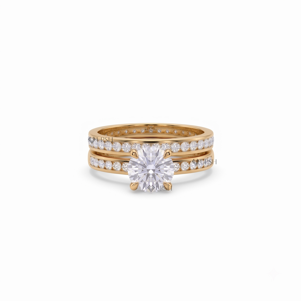 A yellow gold engagement ring set with a round brilliant-cut center diamond and three diamond-paved bands, shown on a clean white background.