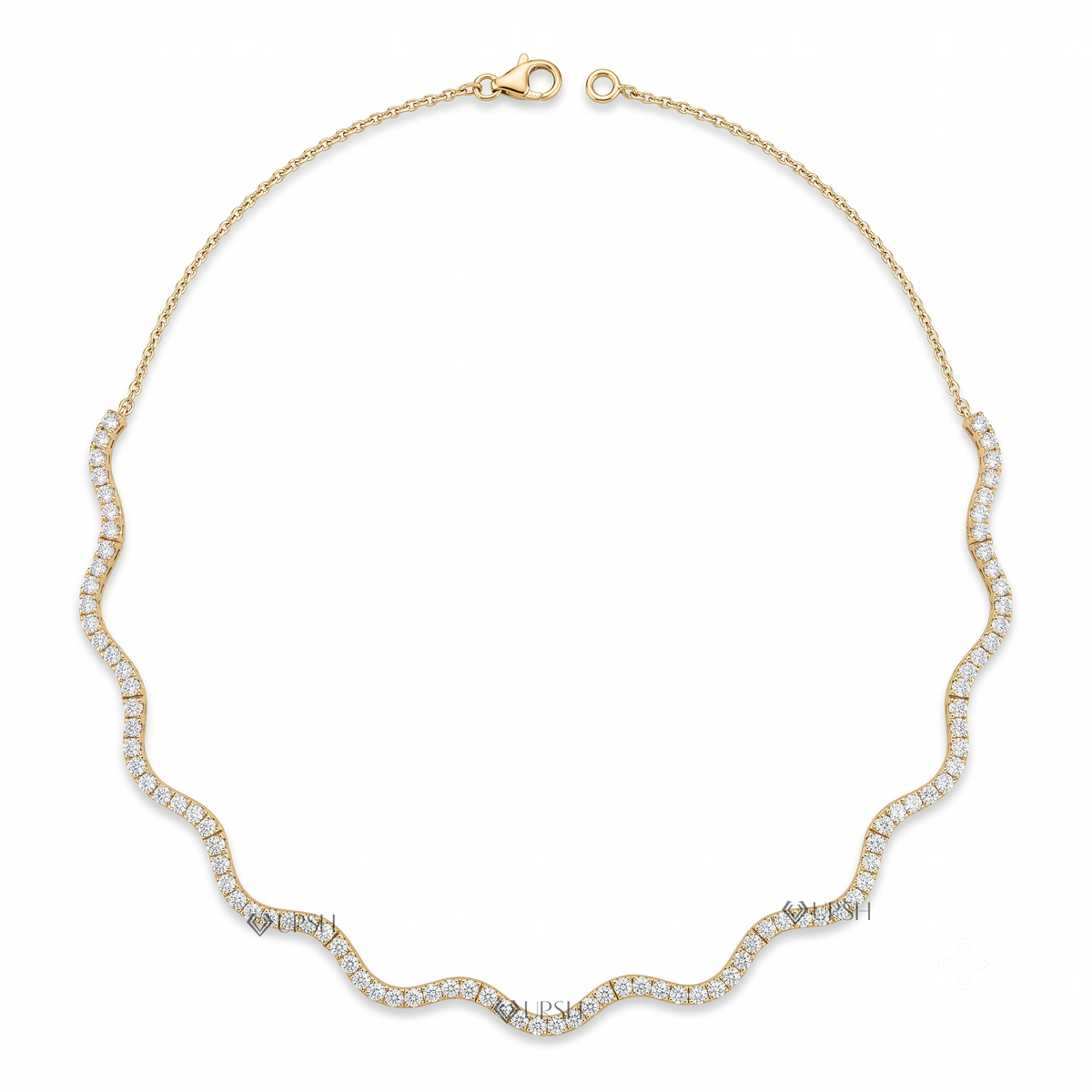 Solid yellow gold wavy diamond tennis chain necklace featuring round lab-grown diamonds set along a fluid undulating wave pattern