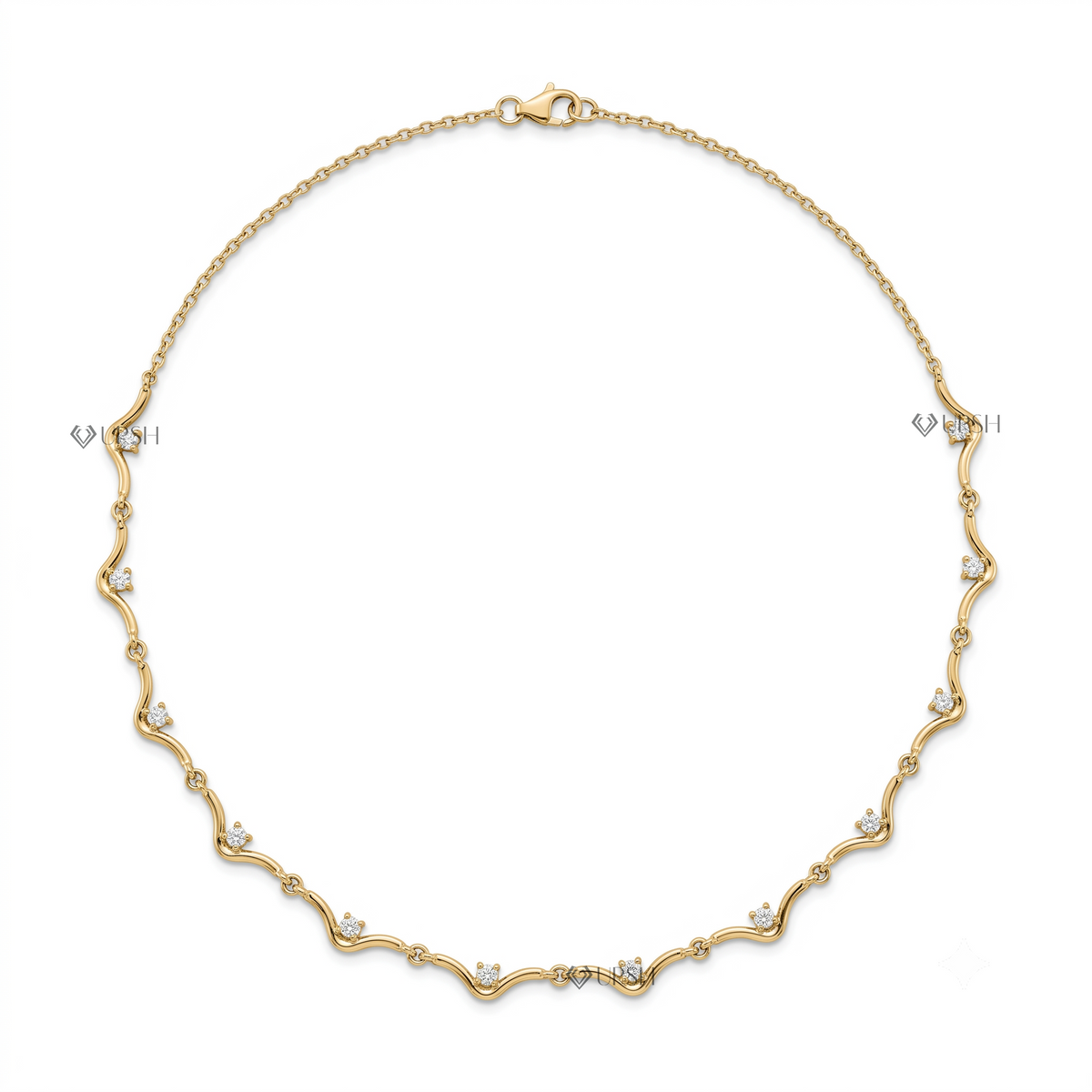 Solid yellow gold wavy link diamond station chain necklace featuring round lab-grown diamonds in 4-prong settings along organic wave bars