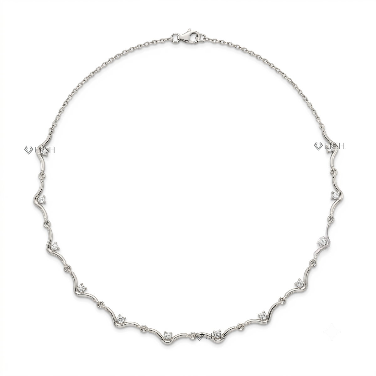 Solid white gold wavy link diamond station chain necklace displayed on clean white background