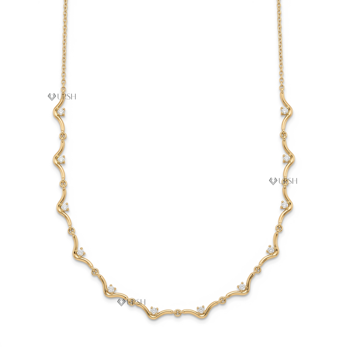 Solid yellow gold station necklace featuring wavy fluid links set with brilliant round lab-grown diamonds along the central frontage curve