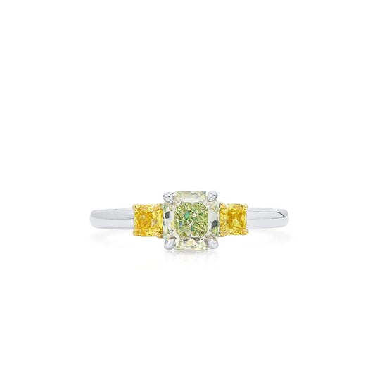 1.19 Radiant Cut Fancy-Colored Yellow & Green Diamond Ring