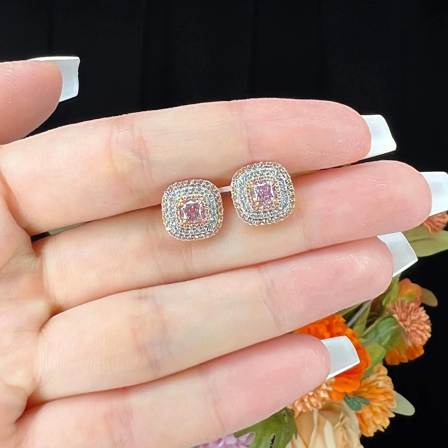 1.60ct Light Pink Cushion Cut Diamond Earring