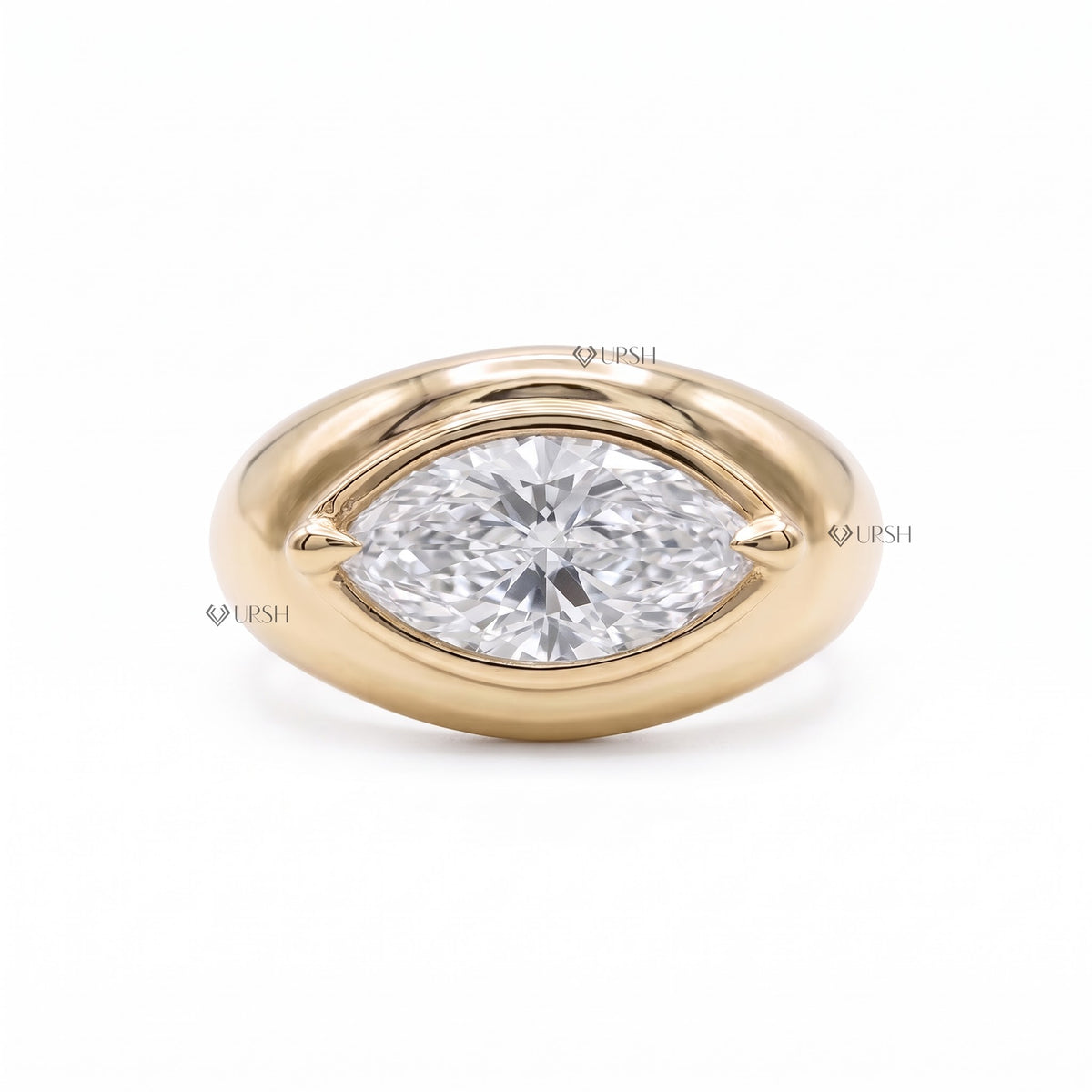Close up of horizontal bezel set marquise diamond in high polish gold dome band