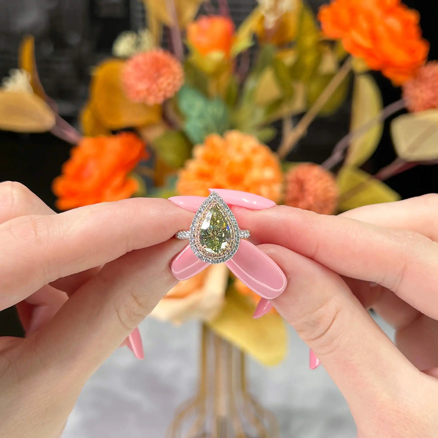 3.15ct Pear Cut Fancy Brownish Greenish Yellow Diamond Ring