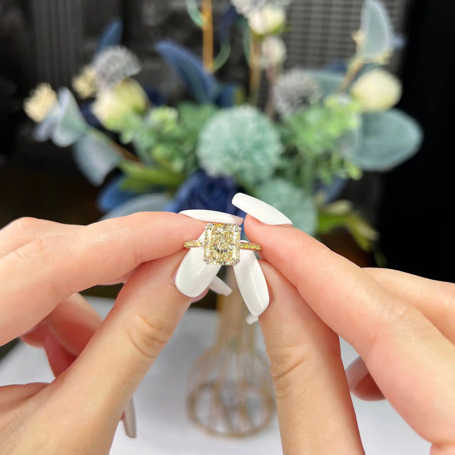 4.16 Radiant Cut Fancy-Colored Yellow Diamond Ring