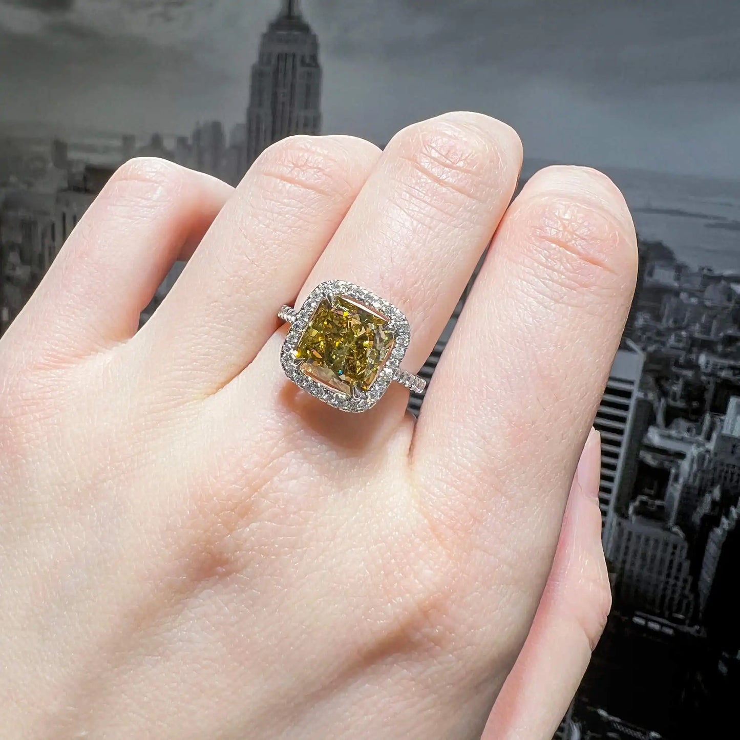 4.50 Radiant Cut Fancy-Colored Dark Greenish Yellow Diamond Ring