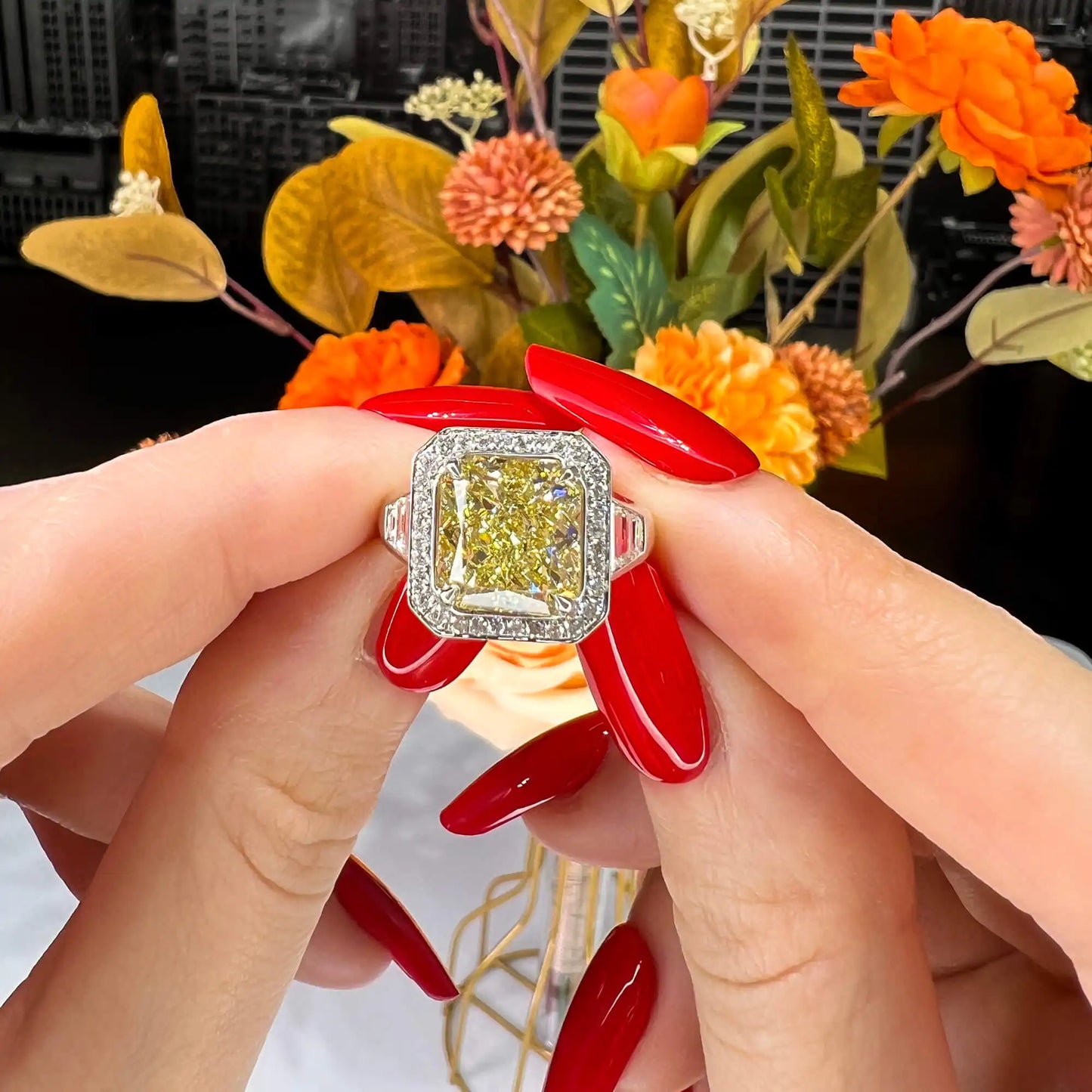 6.47 Radiant Cut Fancy-Colored Yellow Diamond Ring