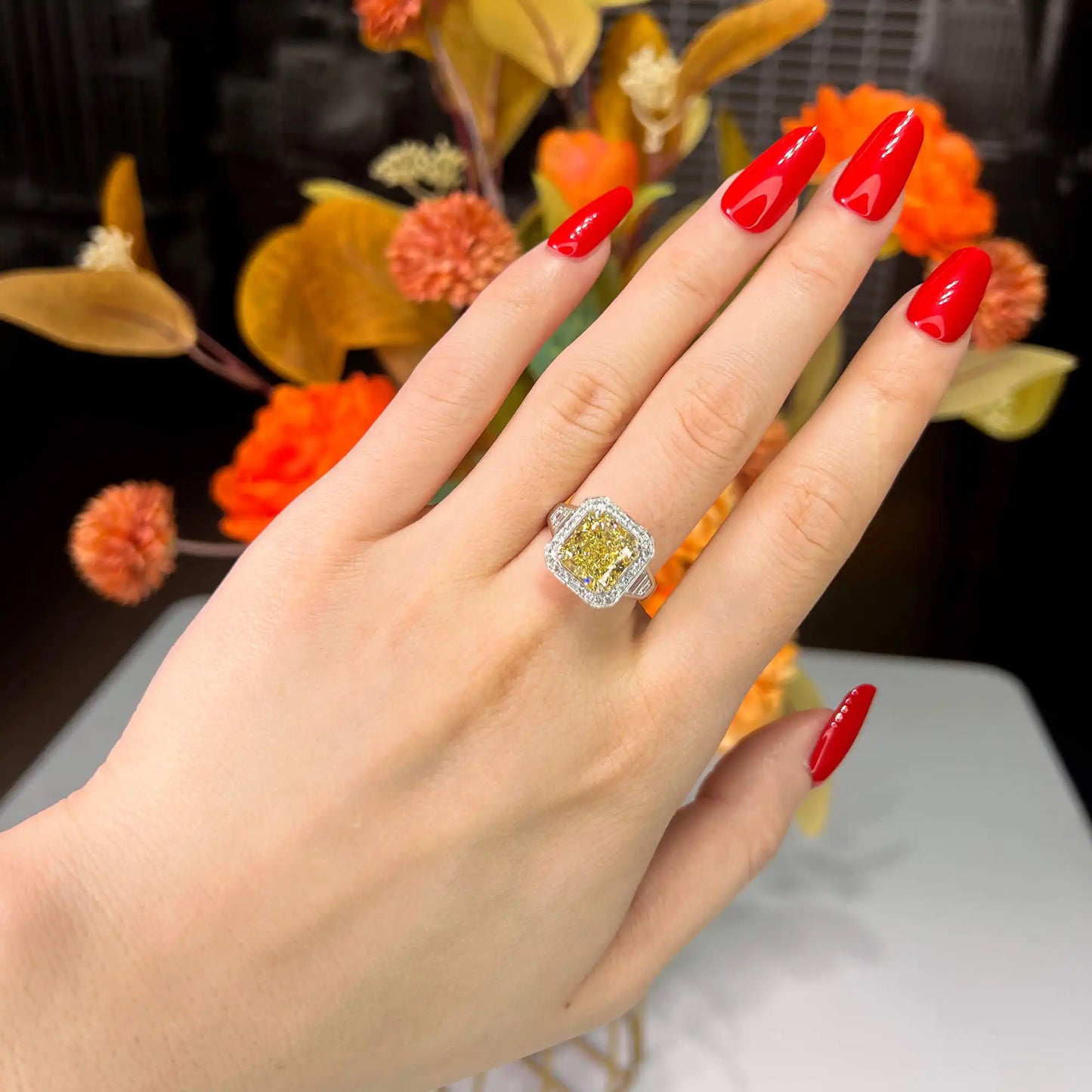 6.47 Radiant Cut Fancy-Colored Yellow Diamond Ring