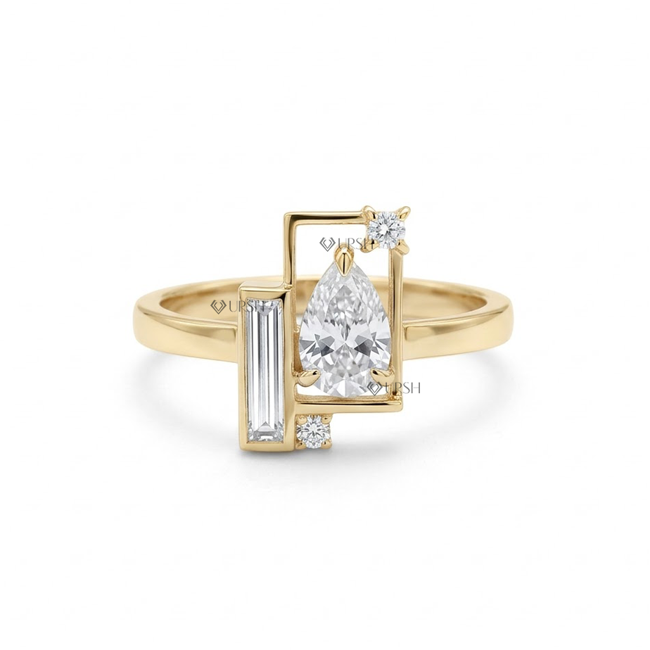 Solid Yellow gold avant-garde architectural diamond cocktail ring on a seamless white background