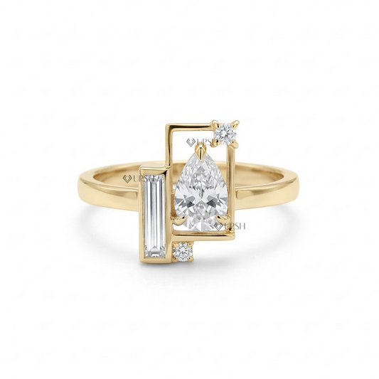 Solid Yellow gold avant-garde architectural diamond cocktail ring on a seamless white background