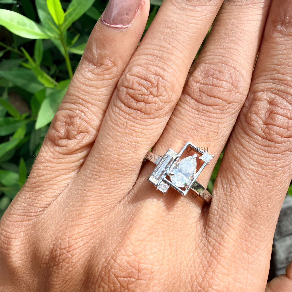 Striking finger presence of modern geometric mixed-cut diamond ring worn outdoors