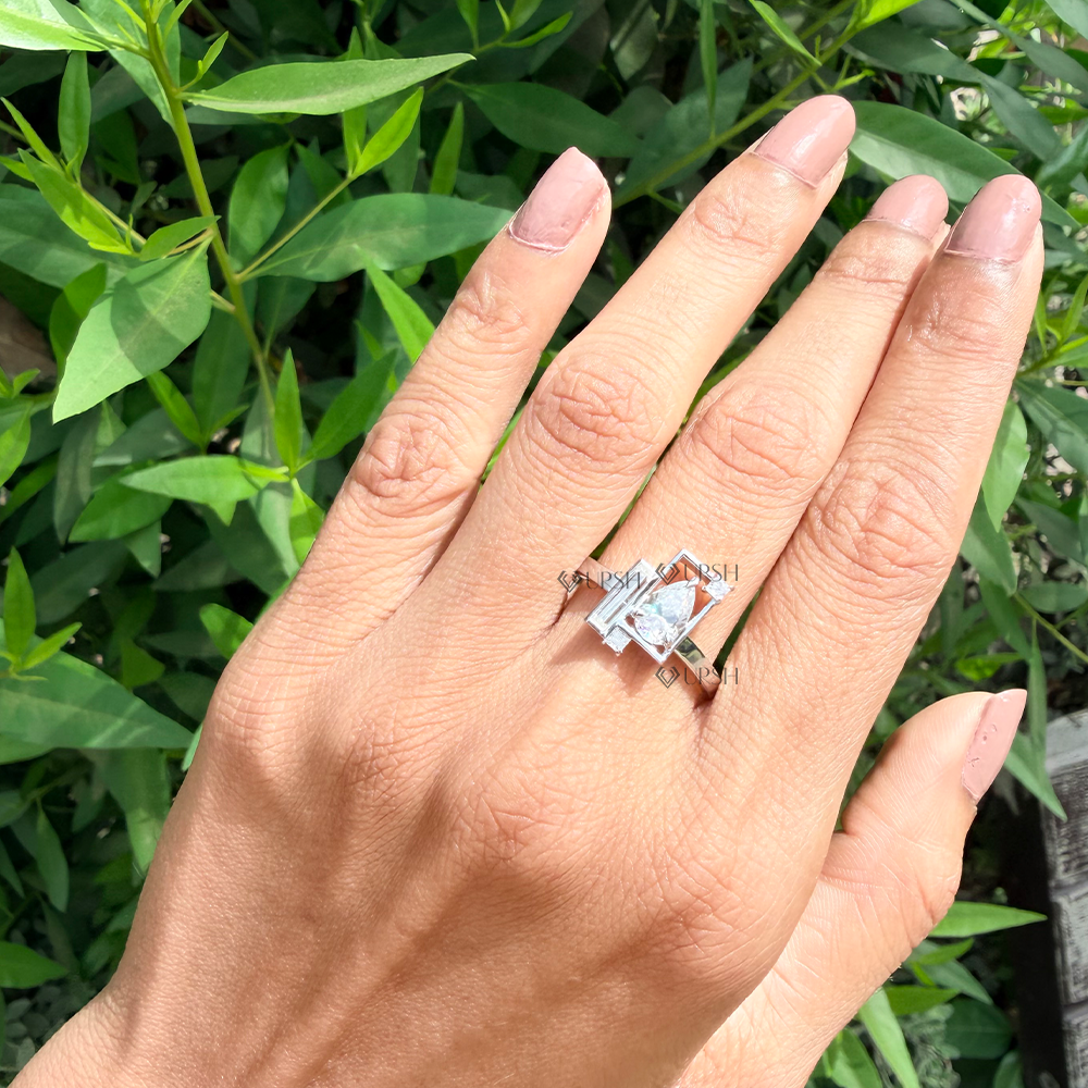 Sleek profile and avant-garde lines of mixed-cut diamond cocktail ring styled on hand