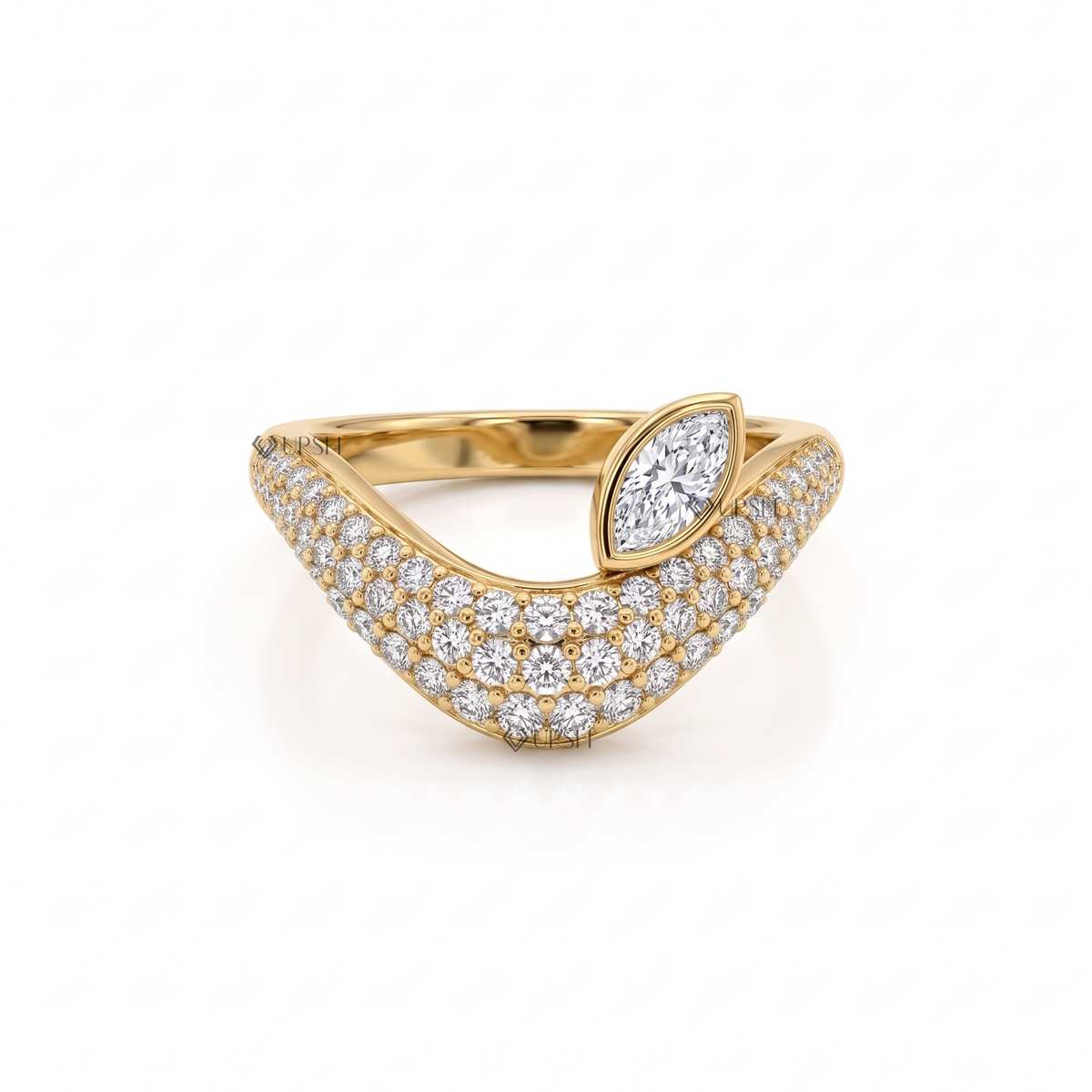 Solid yellow gold asymmetrical wave statement ring featuring a bezel marquise diamond tipping a dense pavé dome band