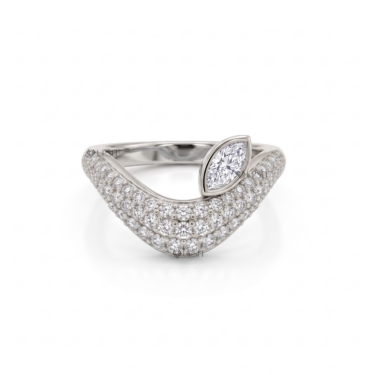Solid white gold sculptural wave statement ring covered in micro-pavé lab diamonds