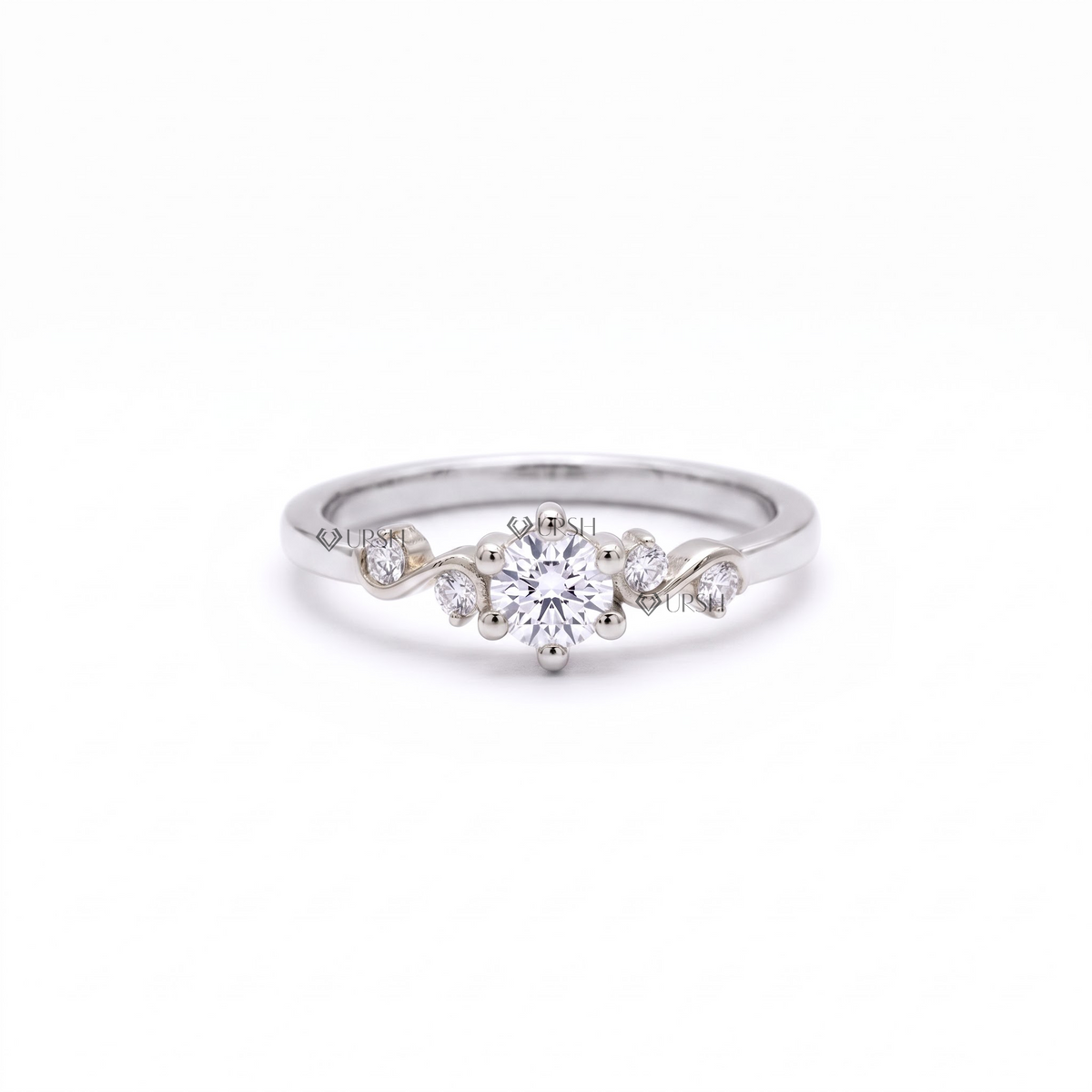 Solid white gold wavy cluster engagement ring on clean white background
