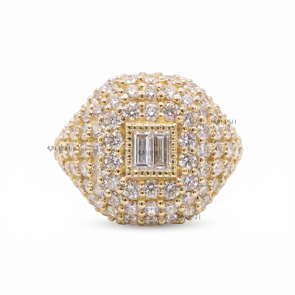Solid yellow gold chunky diamond dome signet ring featuring center baguette diamonds and full round pavé
