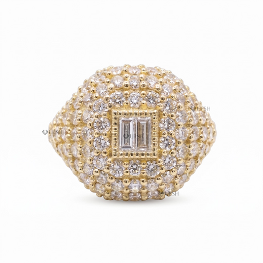 Solid yellow gold chunky diamond dome signet ring featuring center baguette diamonds and full round pavé