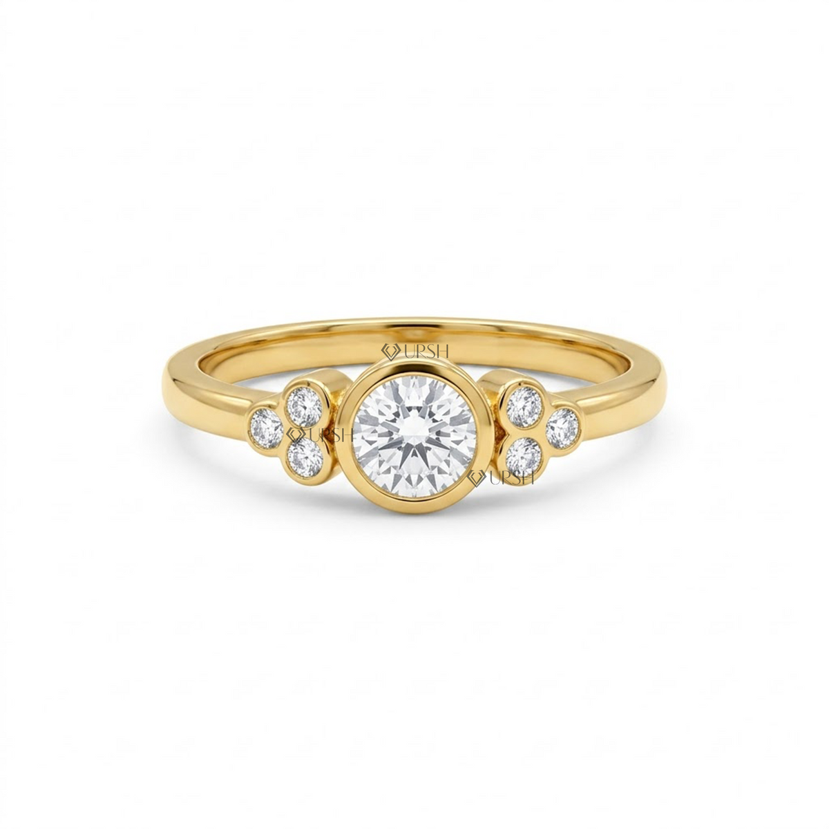 Solid yellow gold bezel-set cluster diamond engagement ring featuring a round brilliant center stone and bezel accent clusters