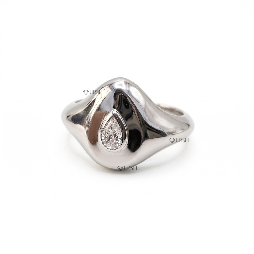 Solid white gold modern sculpted signet ring with bezel set pear lab diamond