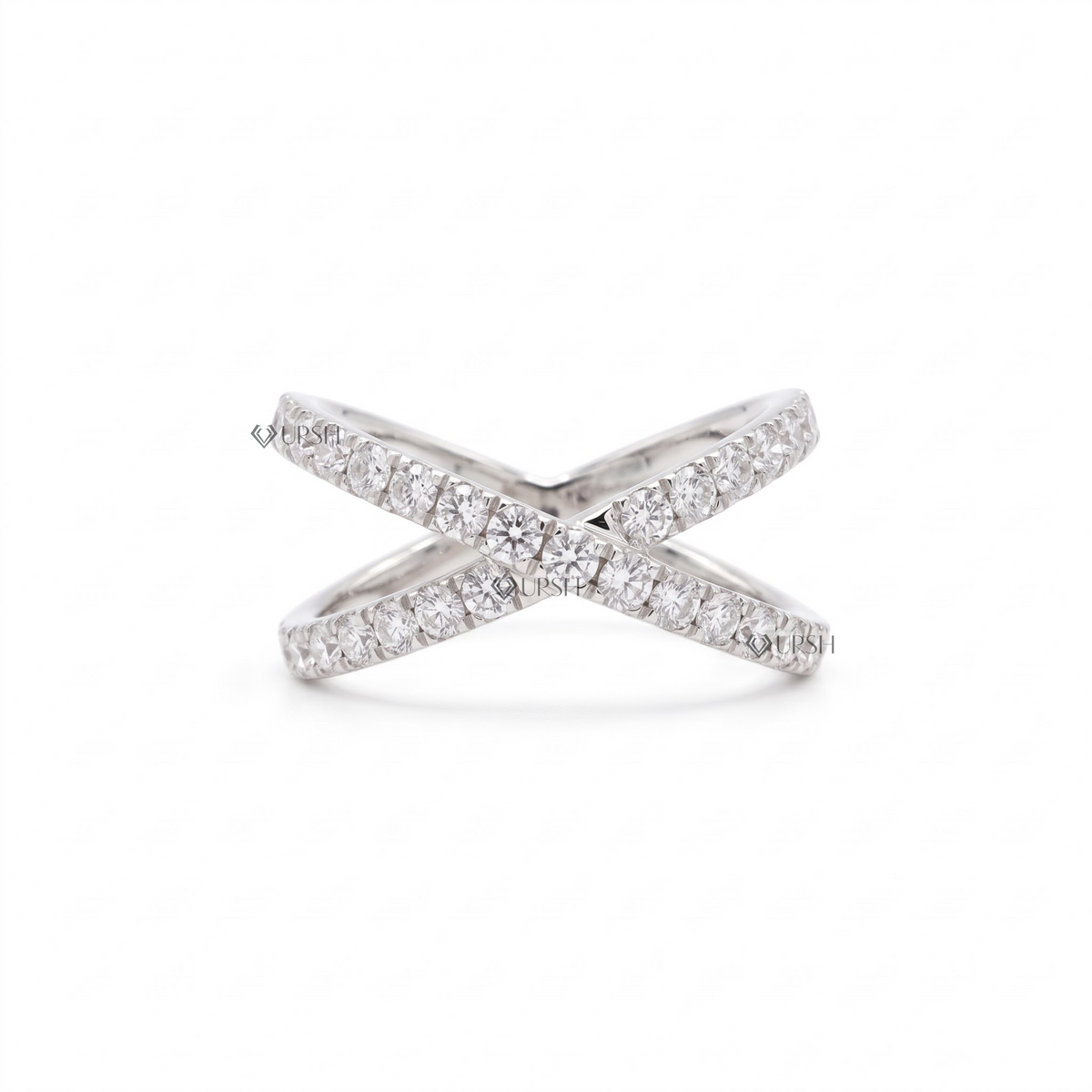 Solid white gold criss-cross pavé diamond statement ring featuring dual intersecting X-shaped bands