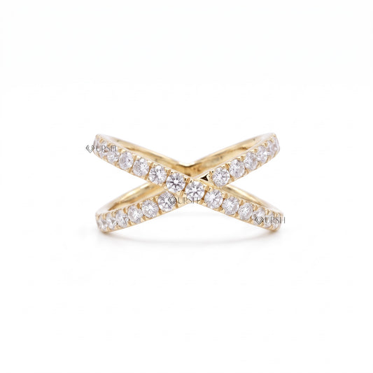 Solid yellow gold criss-cross pavé statement band on clean white background