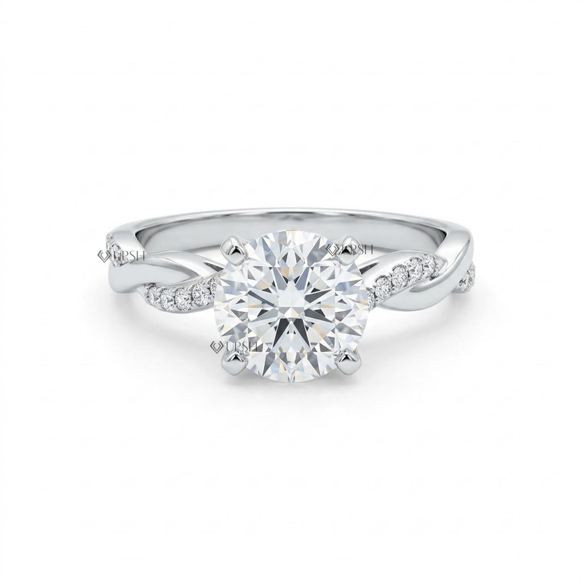 Solid white gold criss-cross twist engagement ring featuring a brilliant round center lab-grown diamond and pavé shoulders