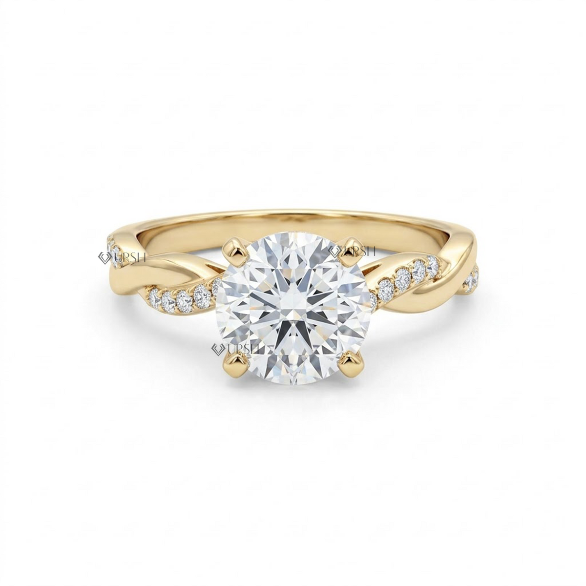 Solid yellow gold criss-cross twist engagement ring with round brilliant solitaire on clean white background