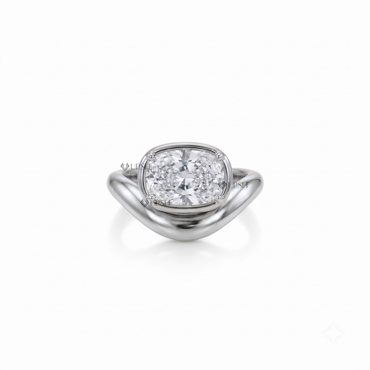 Solid white gold bezel-set cushion cut wavy crossover statement ring on clean white background