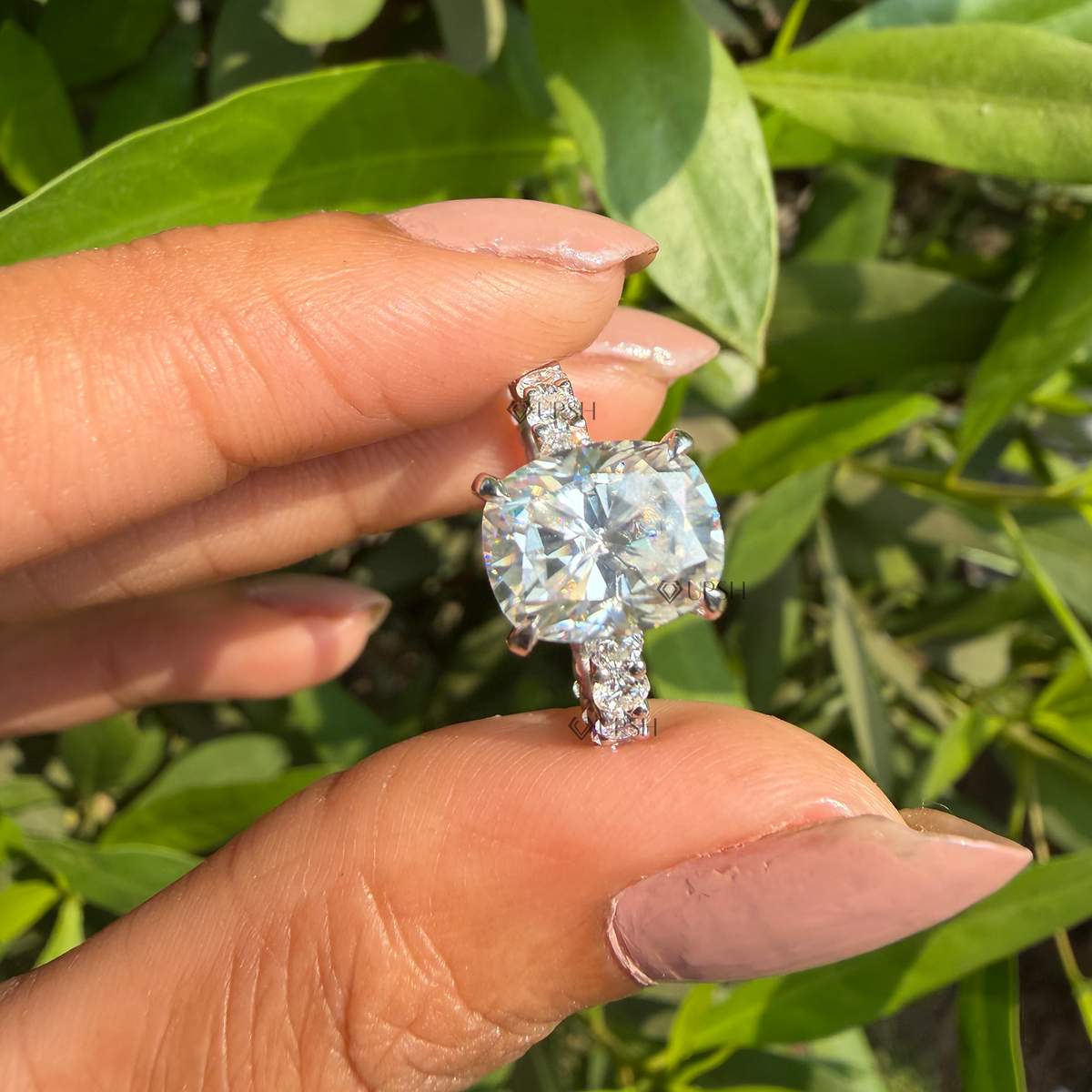Detailed daylight side profile of cushion cut solitaire ring worn against natural garden foliage